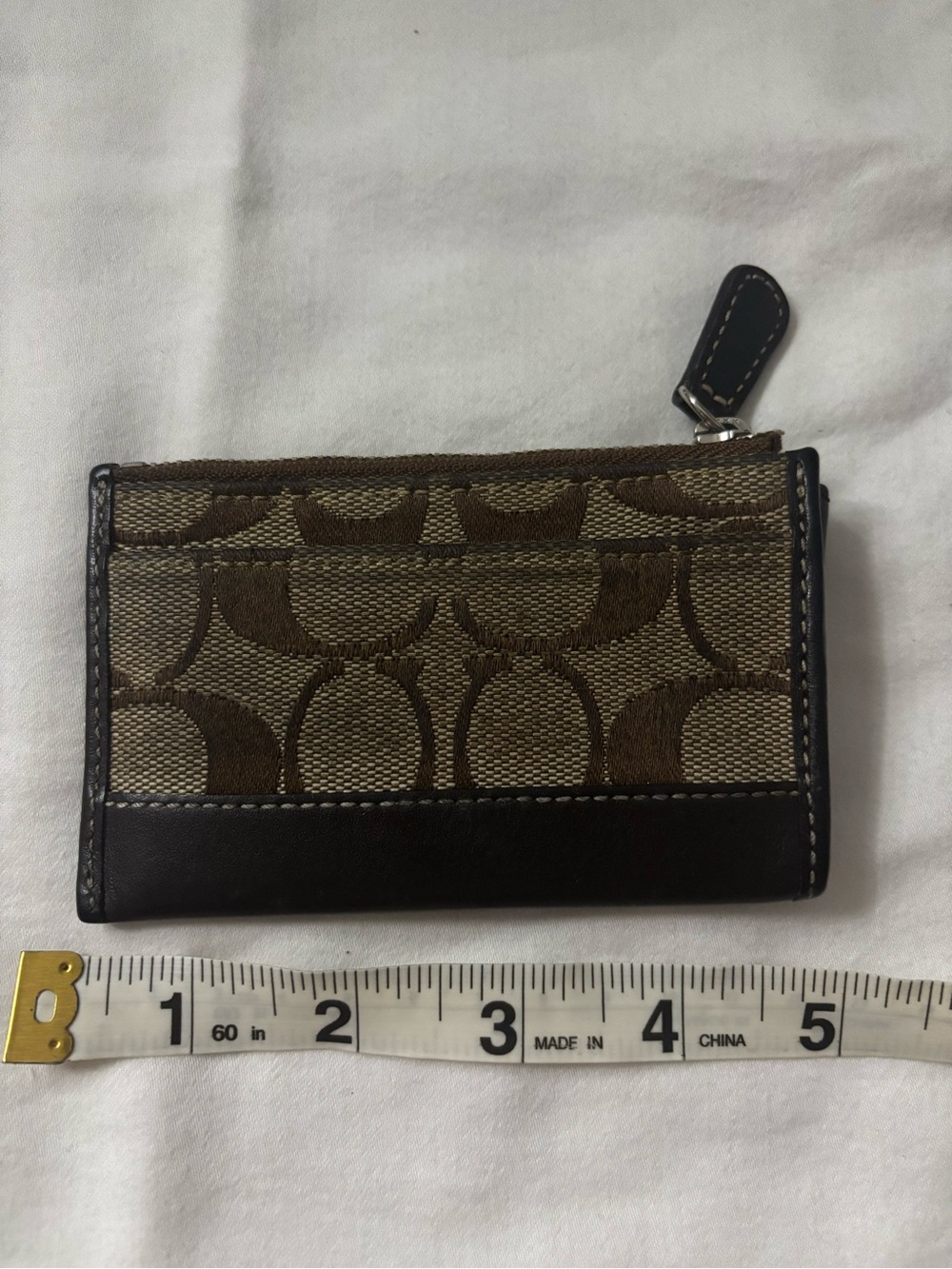 Coach Brown Signature Canvas Card Holder with Dark Brown Leather Trim